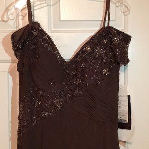 Brown Montage by Mon Cheri beaded mesh dress.